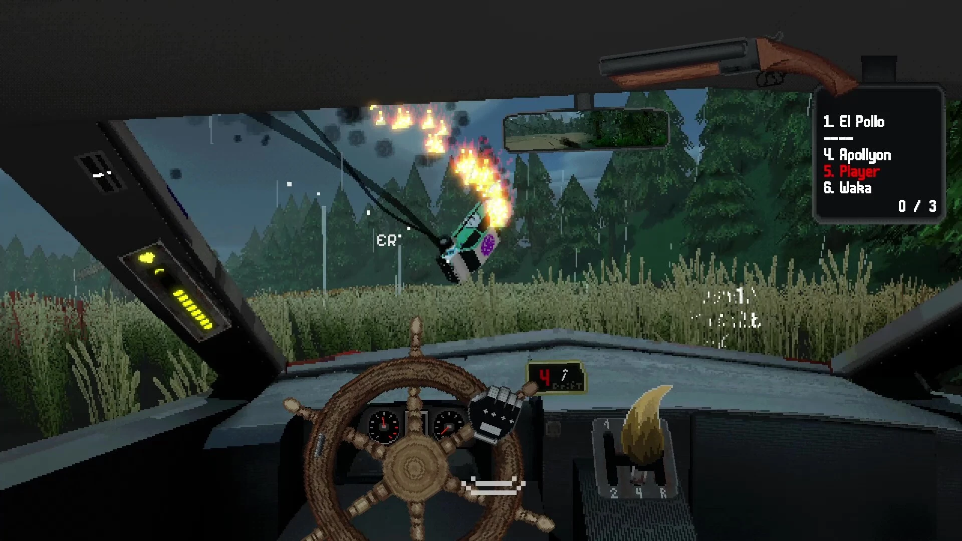 Half Grip, joc românesc de curse și lupte auto, cu vedere din interiorul mașinii, volan și schimbător de viteze, în timpul unei confruntări pe un traseu forestier.