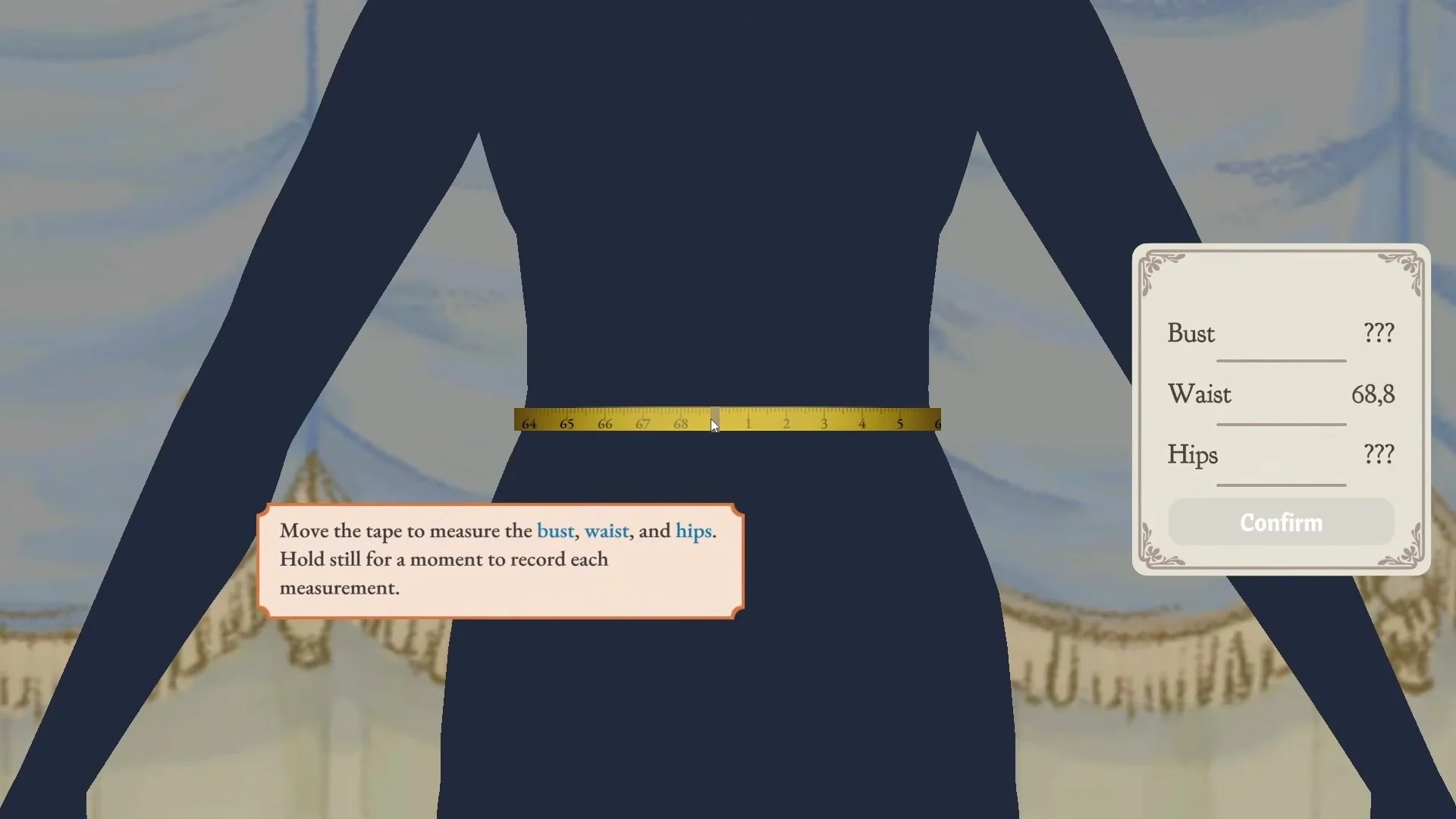 Captură de ecran din Dressmaker care prezintă etapa de măsurare a taliei unui manechin cu ajutorul unui centimetru de croitorie, înainte de realizarea unei ținute.
