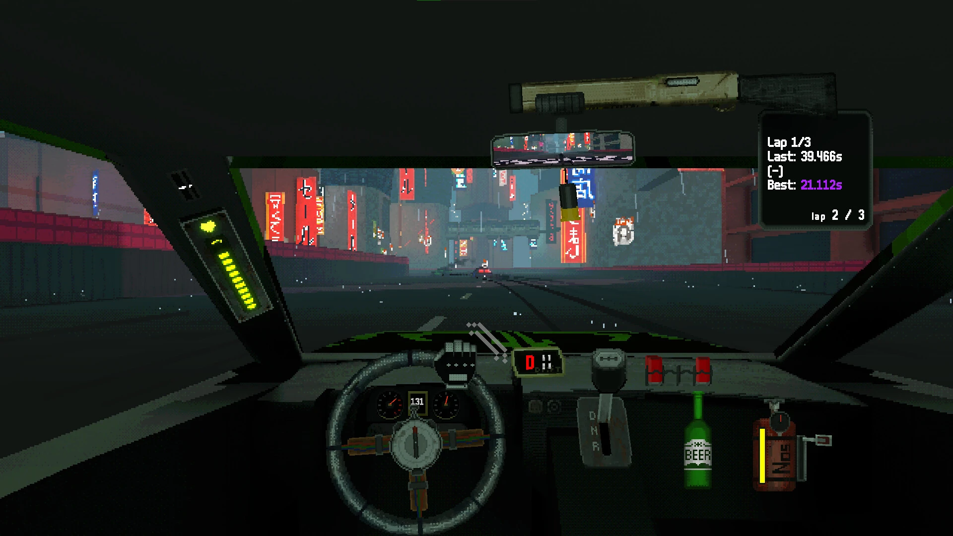 Half Grip, vedere din cockpit în timpul unei curse nocturne pe circuitul Neon Tokyo, printre clădiri și reclame luminoase.