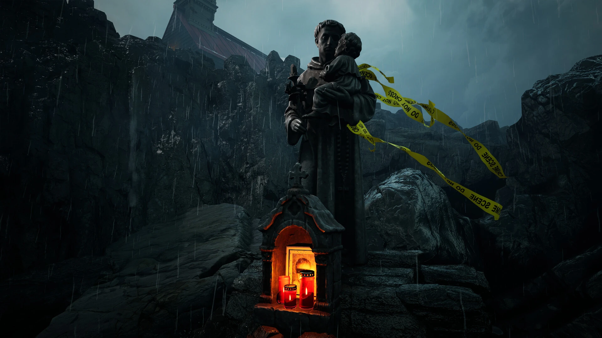Scenă horror cu o statuie religioasă ținând un copil în brațe, un altar luminat de lumânări roșii și benzi galbene de delimitare a unei scene de crimă, pe fundalul unui peisaj stâncos și ploios.
