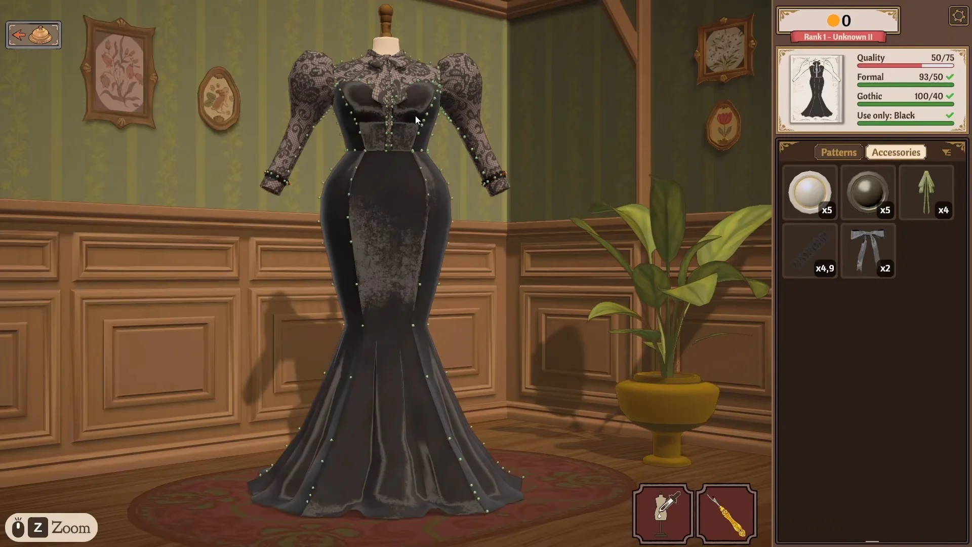 Captură de ecran din Dressmaker care prezintă o rochie neagră în stil gotic, cu mâneci din dantelă și detalii elegante, expusă pe un manechin, alături de meniul pentru personalizarea accesoriilor.
