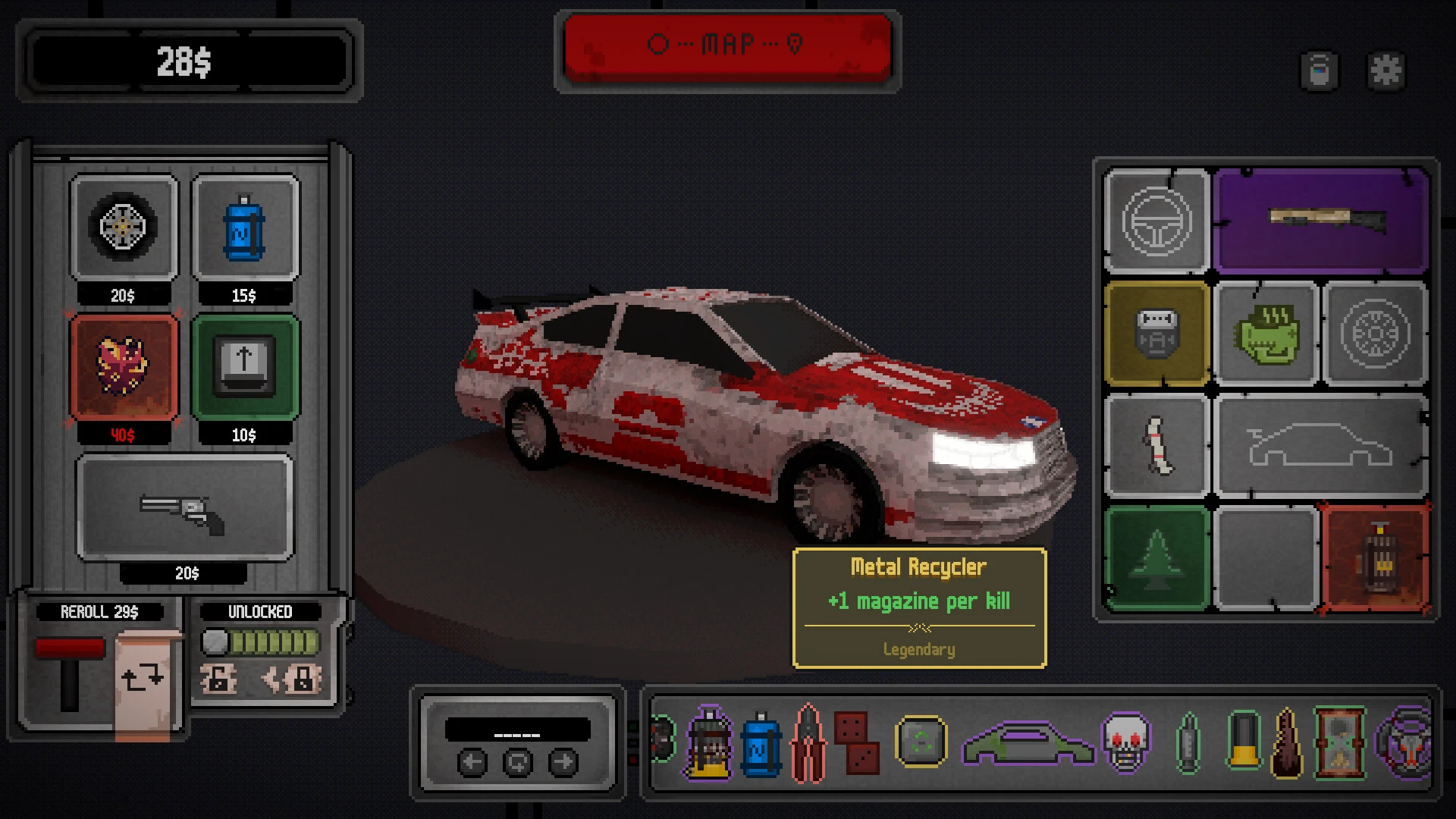 Half Grip, joc românesc cu mecanici roguelike, prezentând meniul de personalizare a mașinii, echipamentele disponibile și îmbunătățirile pentru vehicul.
