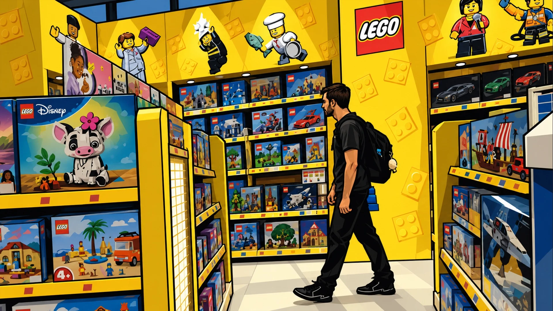 Un pasionat de gaming explorează un magazin LEGO plin de seturi și personaje din universuri populare.